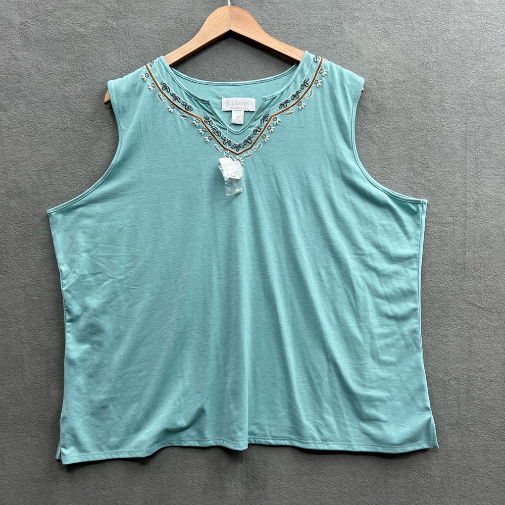 CJ Banks Women's 3X Sage Green Knit Tank Beaded Neckline Comfort Unique
